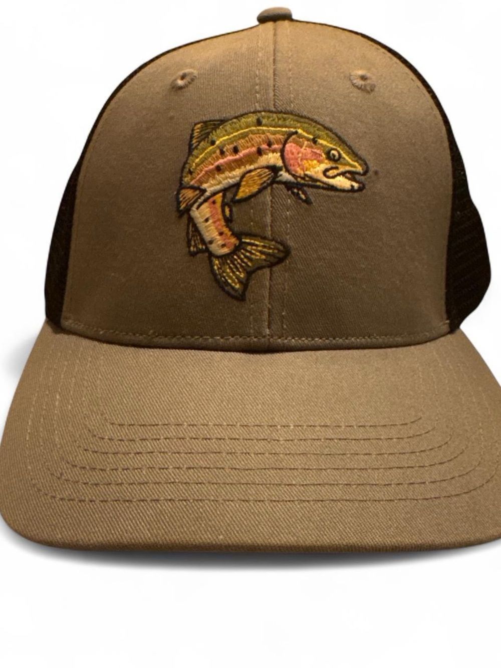 Life Is Good Brown Trucker Hat with Embroidered Fish Patch